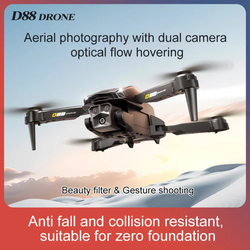 D88 UAV Drone 3-Camera, 150° Adjustable Lens, Optical Flow, 1000m Range, 30min Flight, One-Key Return, Gravity Sensor