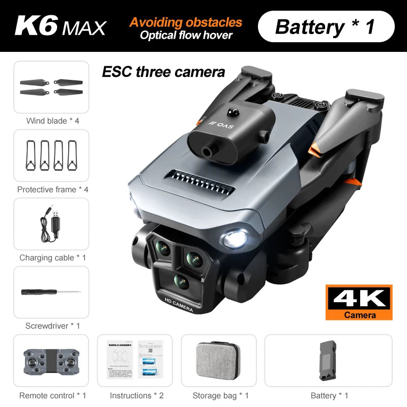 K6 Max RC Drone 4K Triple-Camera, 360° Obstacle Avoidance, Foldable Design, GPS Follow, Long Flight Time