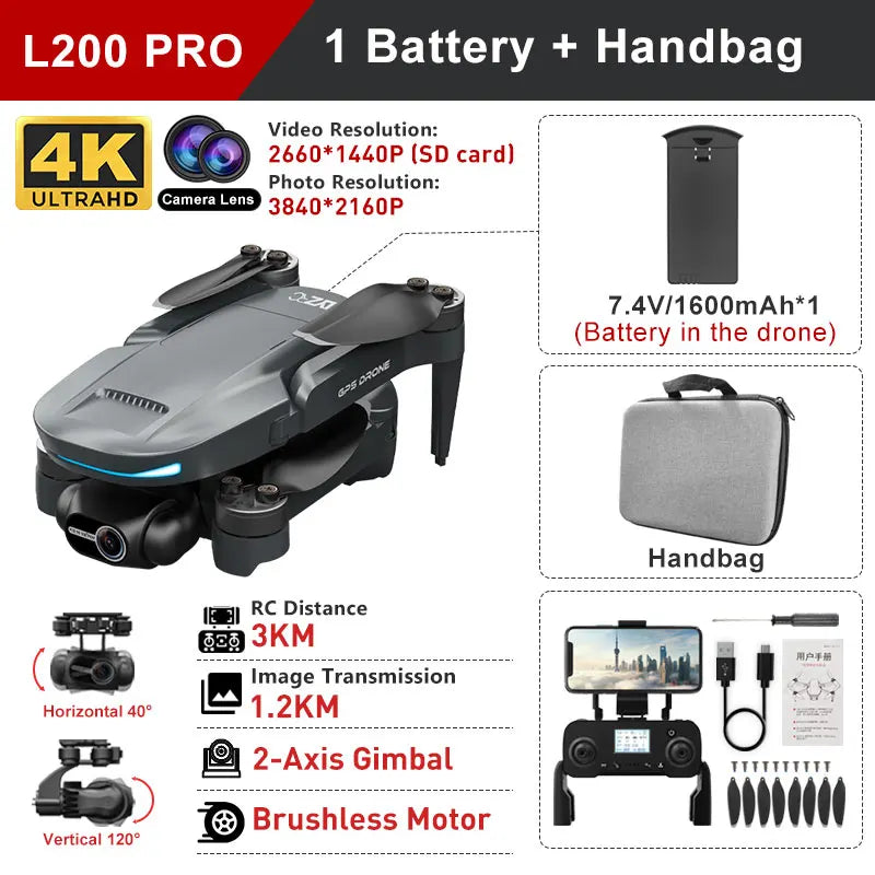 L200 PRO MAX Ultra 4K Drone, GPS, EIS Gimbal, 360° Obstacle Avoidance, 3000m Range, 25-Min Flight
