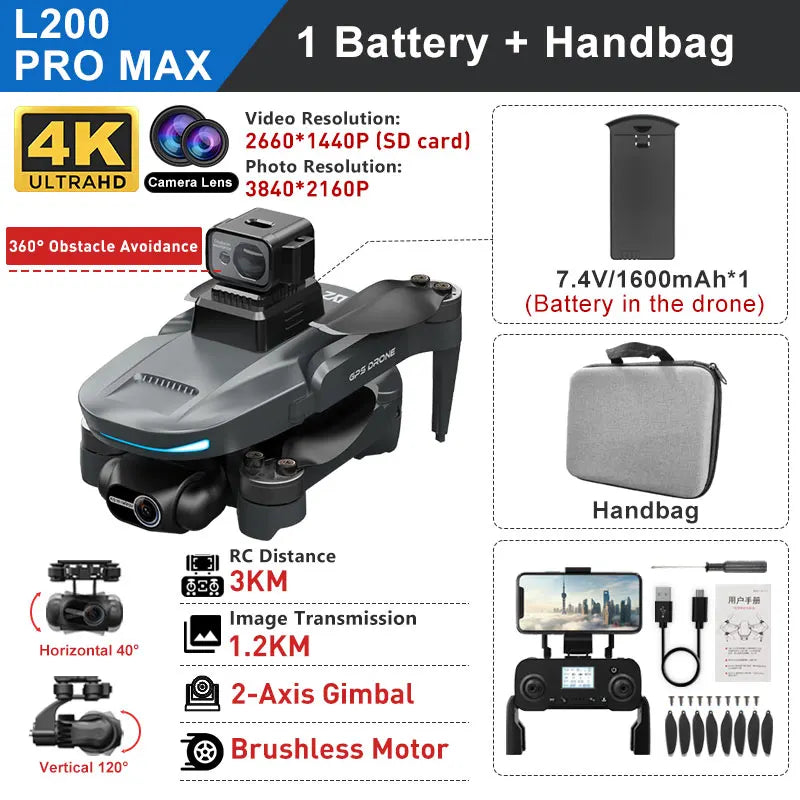 L200 PRO MAX Ultra 4K Drone, GPS, EIS Gimbal, 360° Obstacle Avoidance, 3000m Range, 25-Min Flight