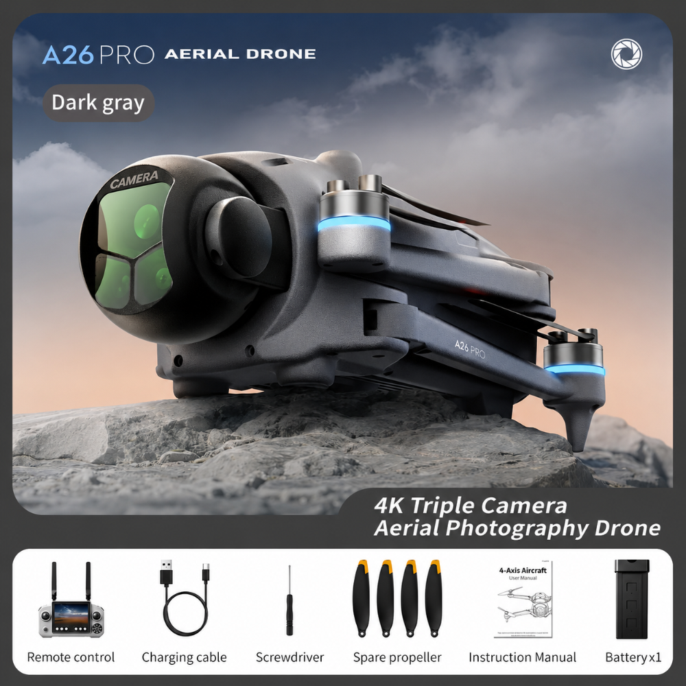 A26 Pro GPS Drone 8K Triple Camera, 4.5-Inch Screen Remote Controller, Brushless Motor, 360° Obstacle Avoidance, Airdrop