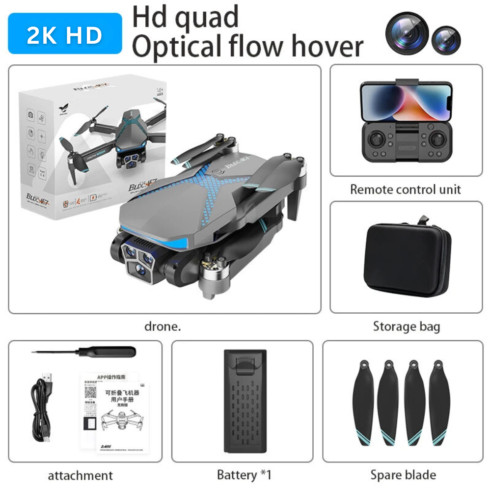 AE7 Drone, Dual 2K HD Camera, Foldable, WiFi Live View, Optical Flow, Gesture Control