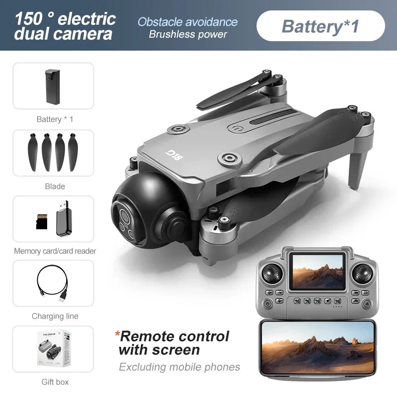 D18 Professional 4K Drone, Dual Camera 150° Electric Tilt, Screen Remote 4.3”, Brushless Motors, Obstacle Avoidance, 5G WiFi FPV