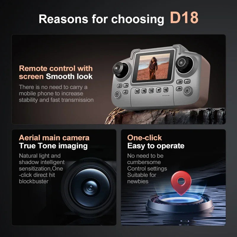D18 Professional 4K Drone, Dual Camera 150° Electric Tilt, Screen Remote 4.3”, Brushless Motors, Obstacle Avoidance, 5G WiFi FPV