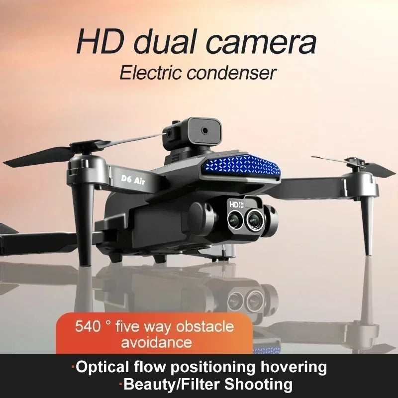 D6 Pro Drone 8K Dual Camera, 5-Sided Obstacle Avoidance, Brushless Motors, Foldable, EIS Stabilization