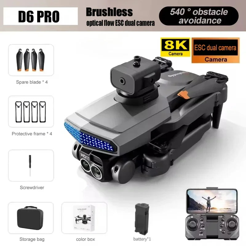 D6 Pro Drone 8K Dual Camera, 5-Sided Obstacle Avoidance, Brushless Motors, Foldable, EIS Stabilization