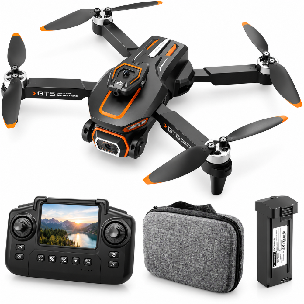Black and orange GT5 folding quadcopter drone shown with its remote controller, grey carrying case, and battery on a clean white background.