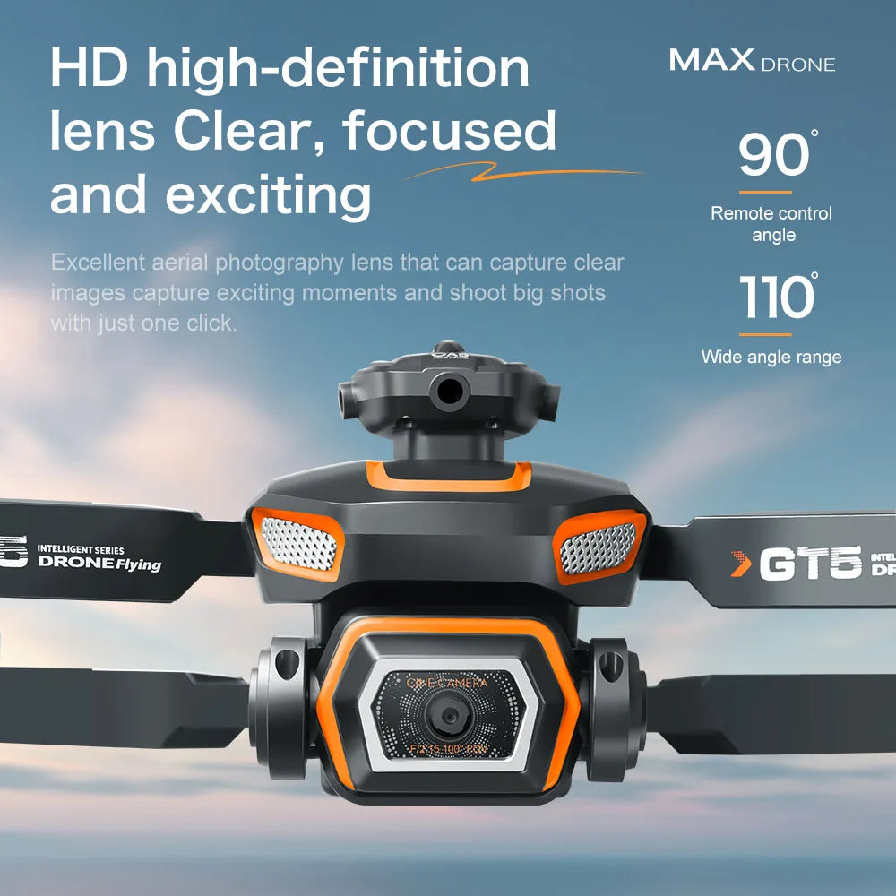 Drone with camera lens and promotional text on a blue background