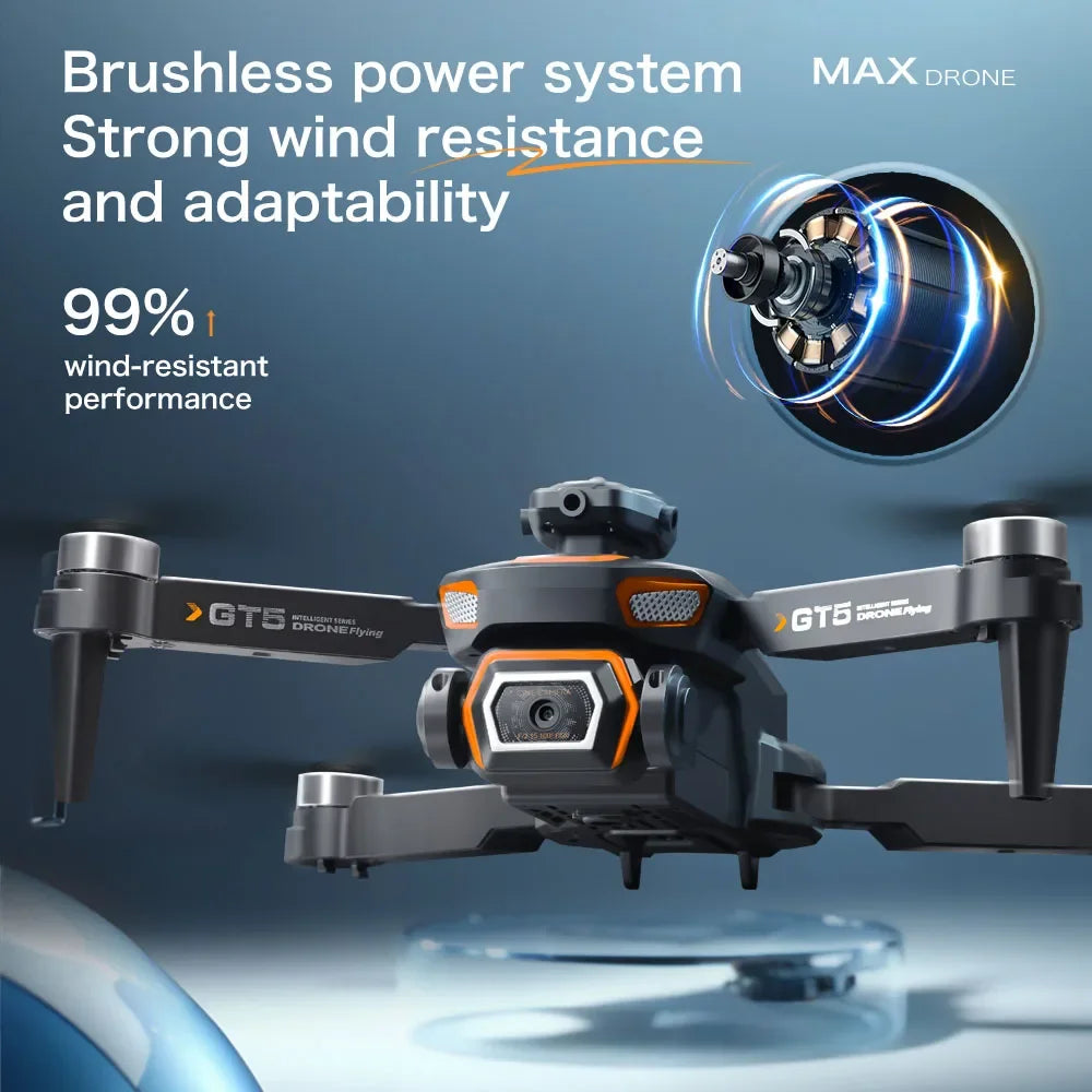 Drone with brushless power system and strong wind resistance features on a blue background