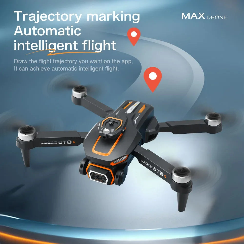 Drone with trajectory marking and intelligent flight features on a blue background
