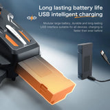 Drone battery pack with USB charging cable on a gradient blue background