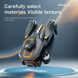 Drone with text about material selection and drone features on a gradient background
