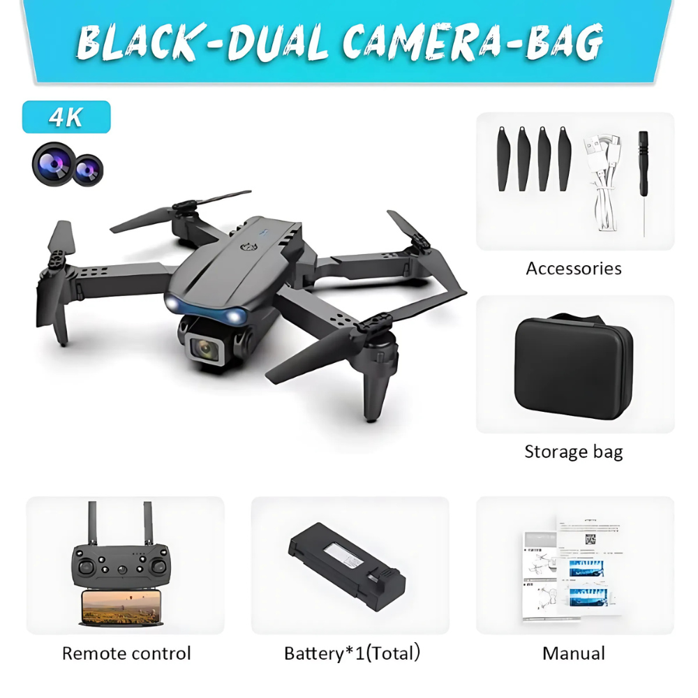 E99 Pro 4K Dual-Camera Drone, Foldable, Altitude Hold, Gesture Control, WiFi, Gravity Sensor, USB Charging, Storage Bag, Black