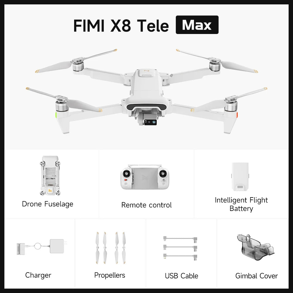 FIMI X8 Tele Max Drone 48MP Dual Sony Camera, 20KM Range, 30x Hybrid Zoom, 4K 60FPS HDR, 3-Axis Gimbal, AI Night Video