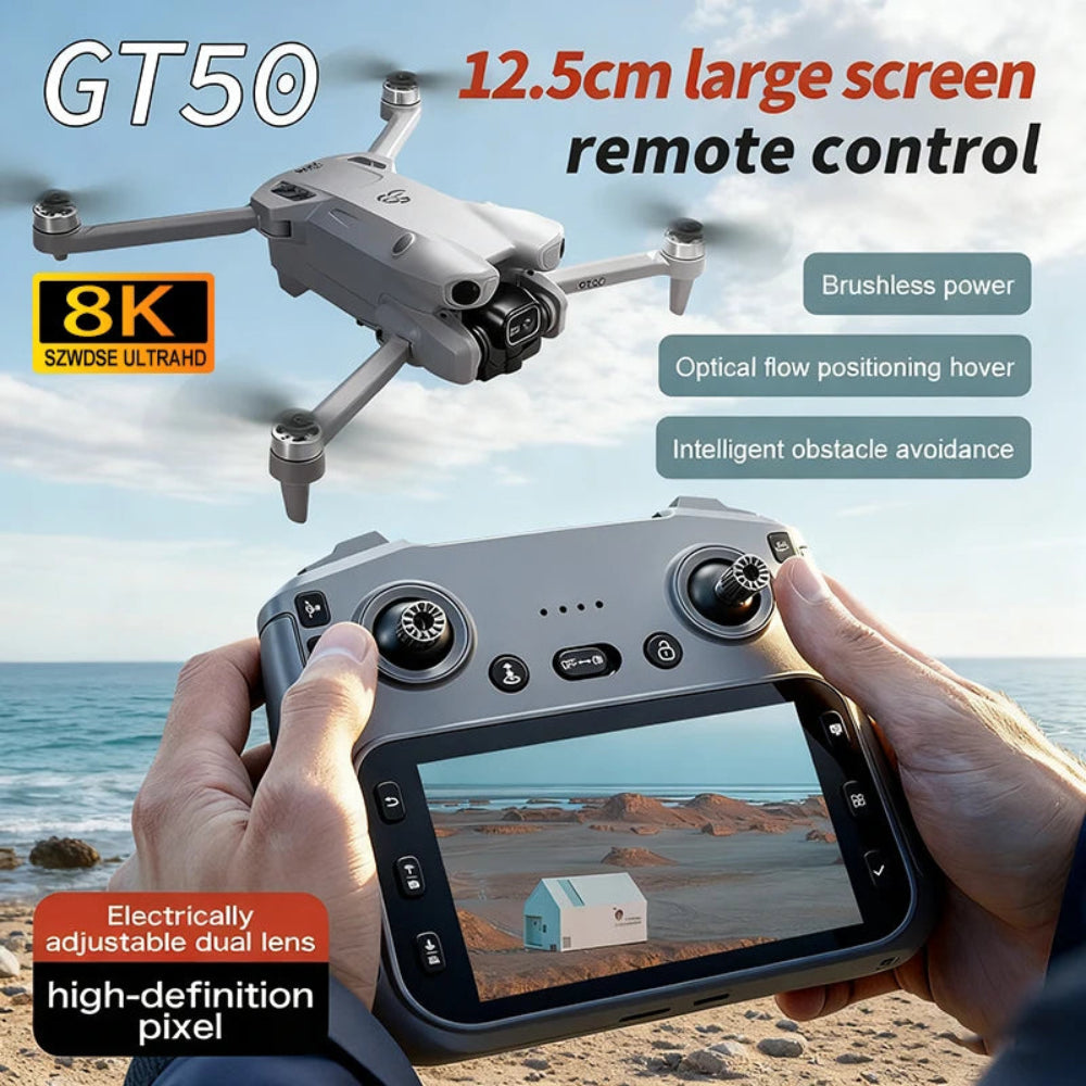 GT50 Drone 8K HD Dual Camera, 4.3-Inch Screen Remote Controller, WiFi FPV, Brushless Motor, Optical Flow Positioning, EIS Stabilisation