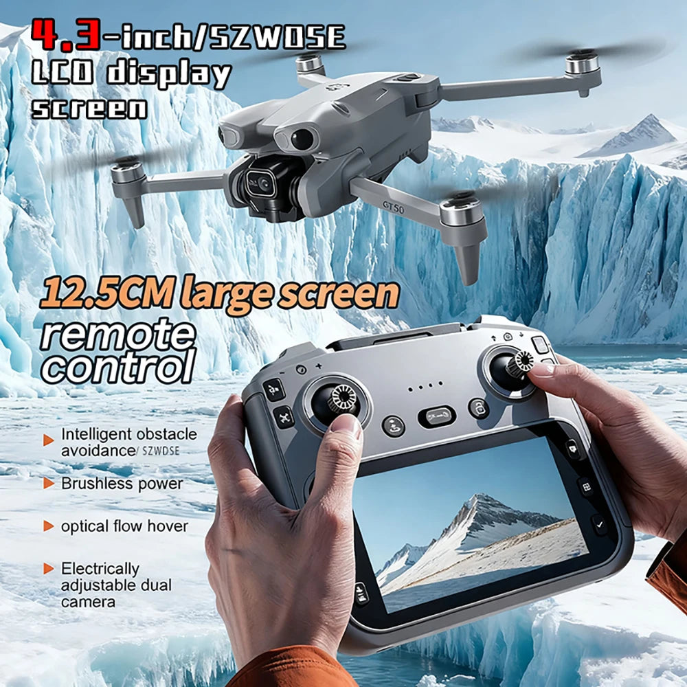 GT50 Drone 8K HD Dual Camera, 4.3-Inch Screen Remote Controller, WiFi FPV, Brushless Motor, Optical Flow Positioning, EIS Stabilisation