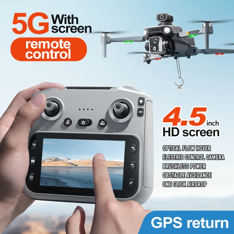 K19 MAX Drone 8K GPS, 4.5” Screen Remote, 5G FPV, Laser Obstacle Avoidance 360°, Brushless Motors, Airdrop System, 5000m Range