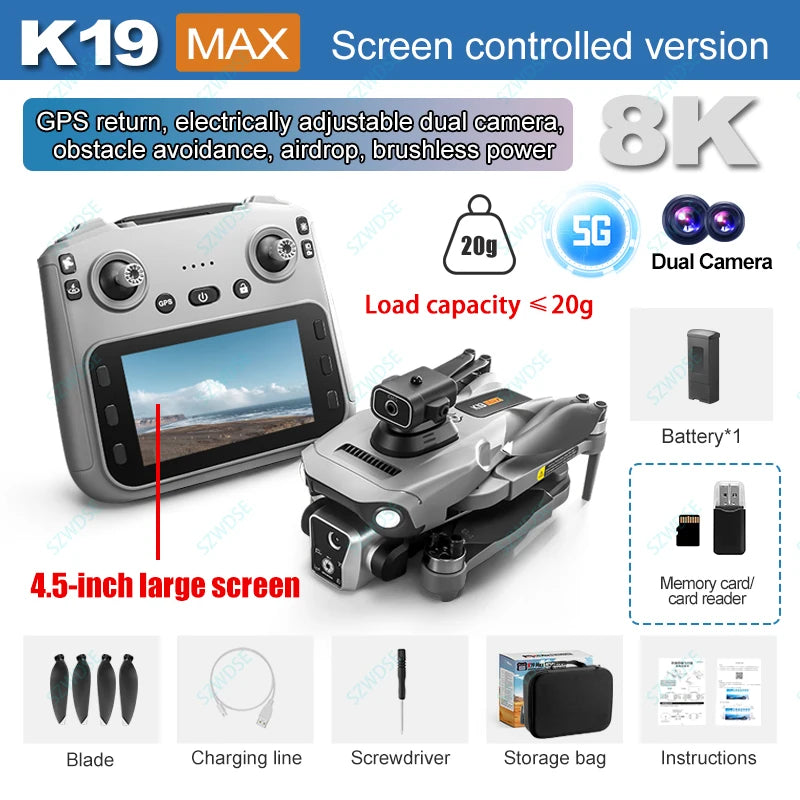 K19 MAX Drone 8K GPS, 4.5” Screen Remote, 5G FPV, Laser Obstacle Avoidance 360°, Brushless Motors, Airdrop System, 5000m Range