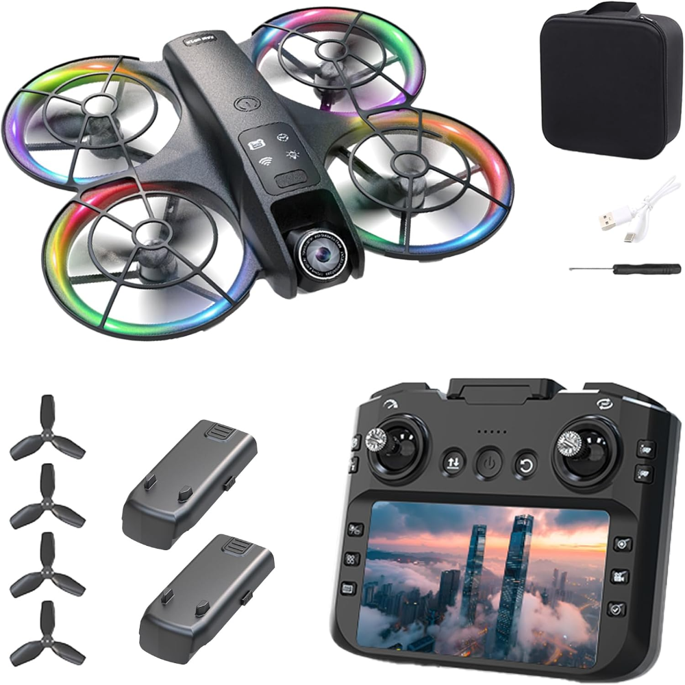 K200 Drone 4K Camera, RGB LED Lighting, Five-Sided Obstacle Avoidance, Brushless Motors, Optical Flow Stability, 4.5 Inch LCD Screen Remote