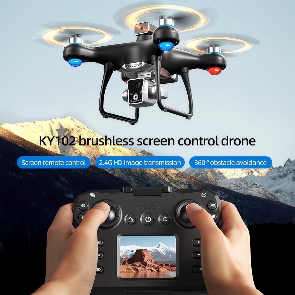 KY102 Max Drone 8K Triple Camera, Brushless, 4-Way Obstacle Avoidance, Screen Remote, Optical Flow, Long Flight Time