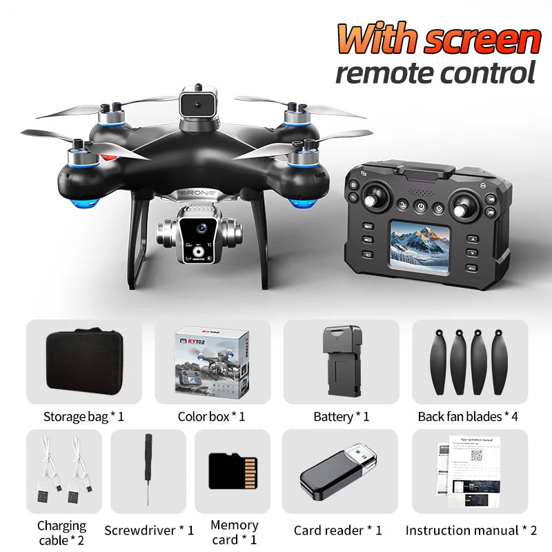 KY102 Max Drone 8K Triple Camera, Brushless, 4-Way Obstacle Avoidance, Screen Remote, Optical Flow, Long Flight Time