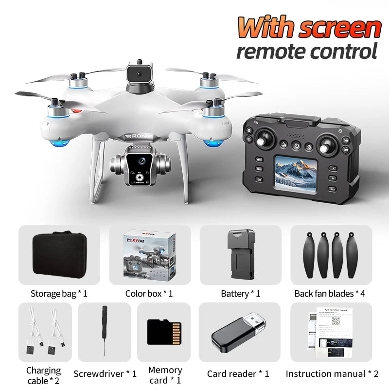 KY102 Max Drone 8K Triple Camera, Brushless, 4-Way Obstacle Avoidance, Screen Remote, Optical Flow, Long Flight Time