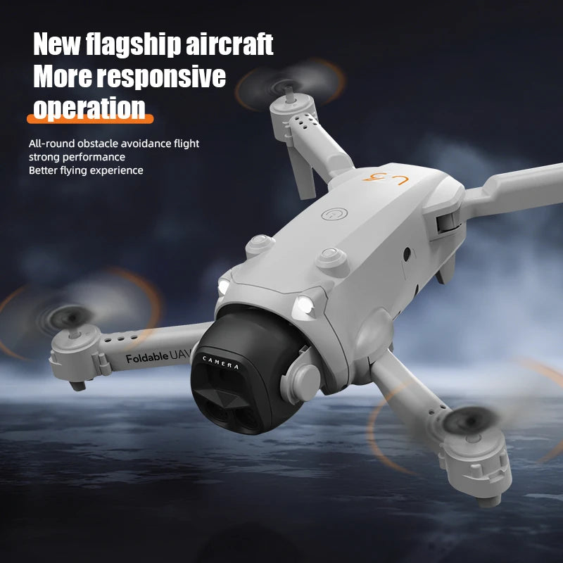White drone with camera on a dark background, featuring text about its features.