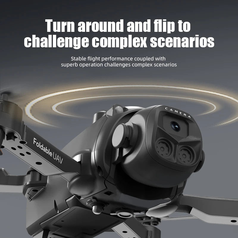 Foldable UAV with camera on a dark background, text about stable flight performance.