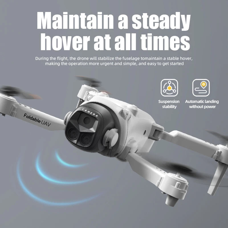 Grey drone with text about stability and features on a gray background