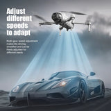 Drone hovering above a sports car with text about speed adjustment.