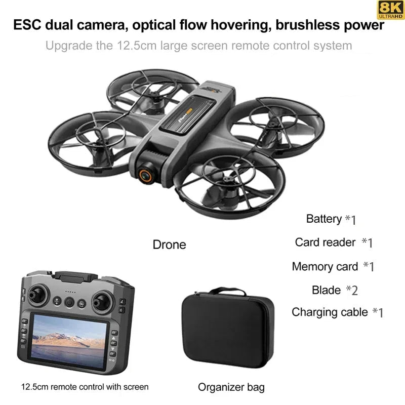S156 Drone 8K Dual Camera, Brushless Motor, 360° Obstacle Avoidance, 4.5” FPV Screen Remote, LED Lights, Optical Flow, 2000m Range