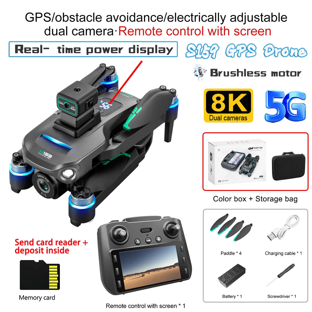 S159 GPS Drone 8K Dual Camera, 5G WiFi FPV, Obstacle Avoidance, Screen Remote, 360° Flight, Memory Card, Battery Display