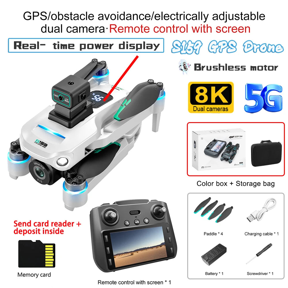 S159 GPS Drone 8K Dual Camera, 5G WiFi FPV, Obstacle Avoidance, Screen Remote, 360° Flight, Memory Card, Battery Display