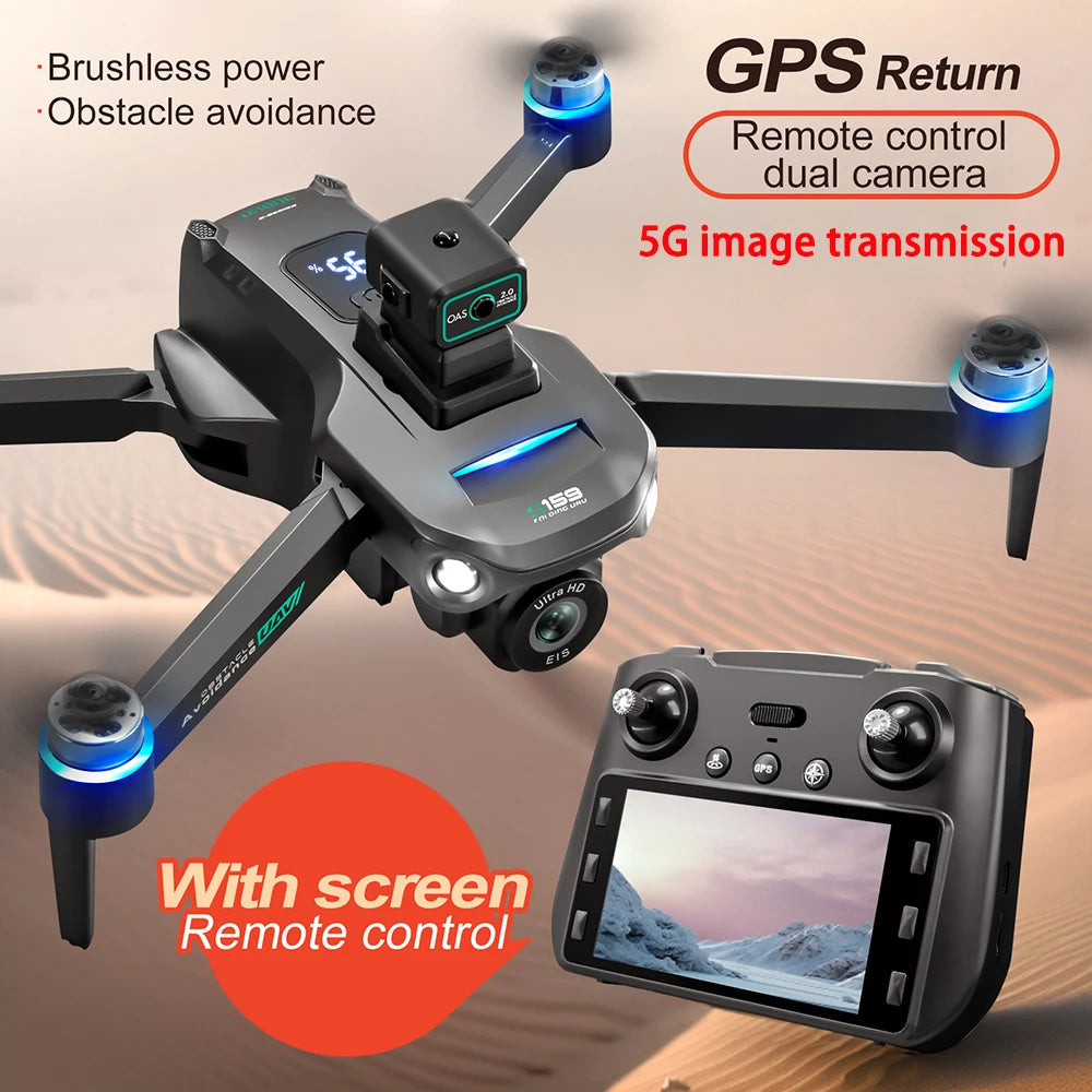 S159 GPS Drone 8K Dual Camera, 5G WiFi FPV, Obstacle Avoidance, Screen Remote, 360° Flight, Memory Card, Battery Display