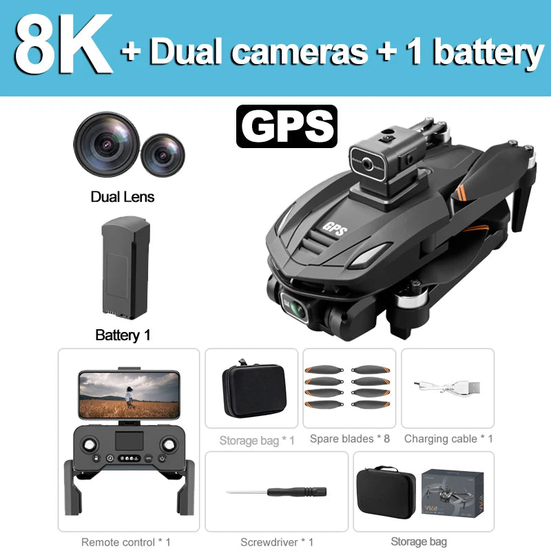 V168 8K GPS Drone, with 4-Way Obstacle Avoidance, 3000M Range, Foldable 5G WiFi FPV, Altitude Hold, One-Key Return