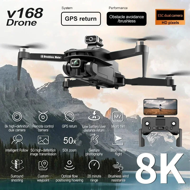 V168 8K GPS Drone, with 4-Way Obstacle Avoidance, 3000M Range, Foldable 5G WiFi FPV, Altitude Hold, One-Key Return