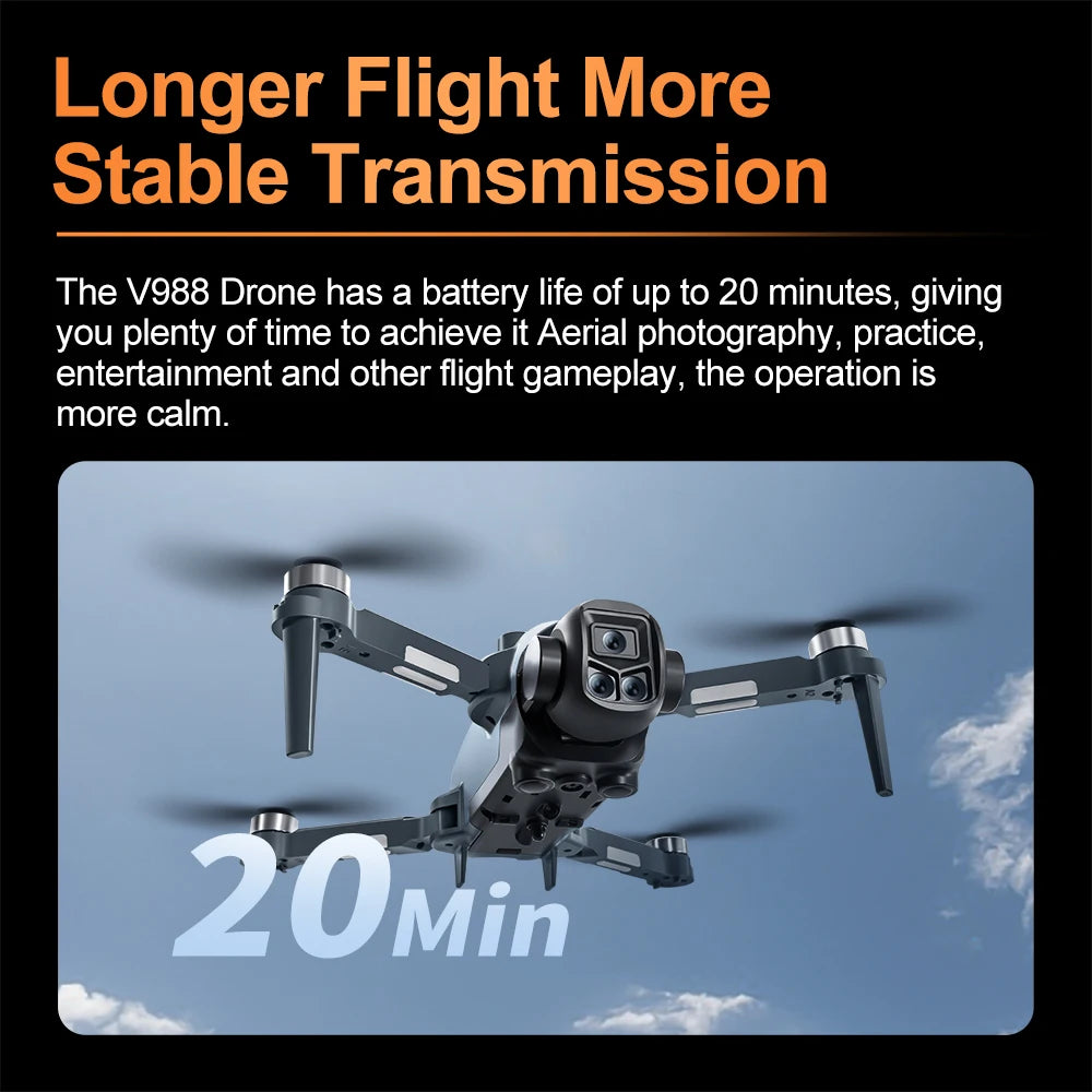 V988 8K Brushless Drone, 5.6” Screen Remote, Dual Camera EIS, Obstacle Avoidance, Servo Gimbal, 148g Ultra-Light, 3KM Range, 20 Min Flight