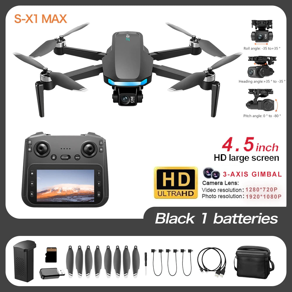X-S1 MAX Drone 4K Camera, 3-Axis Gimbal, 5KM Range, 5G GPS Return, Brushless Motors, Dual Cameras, 4.5" Screen Remote