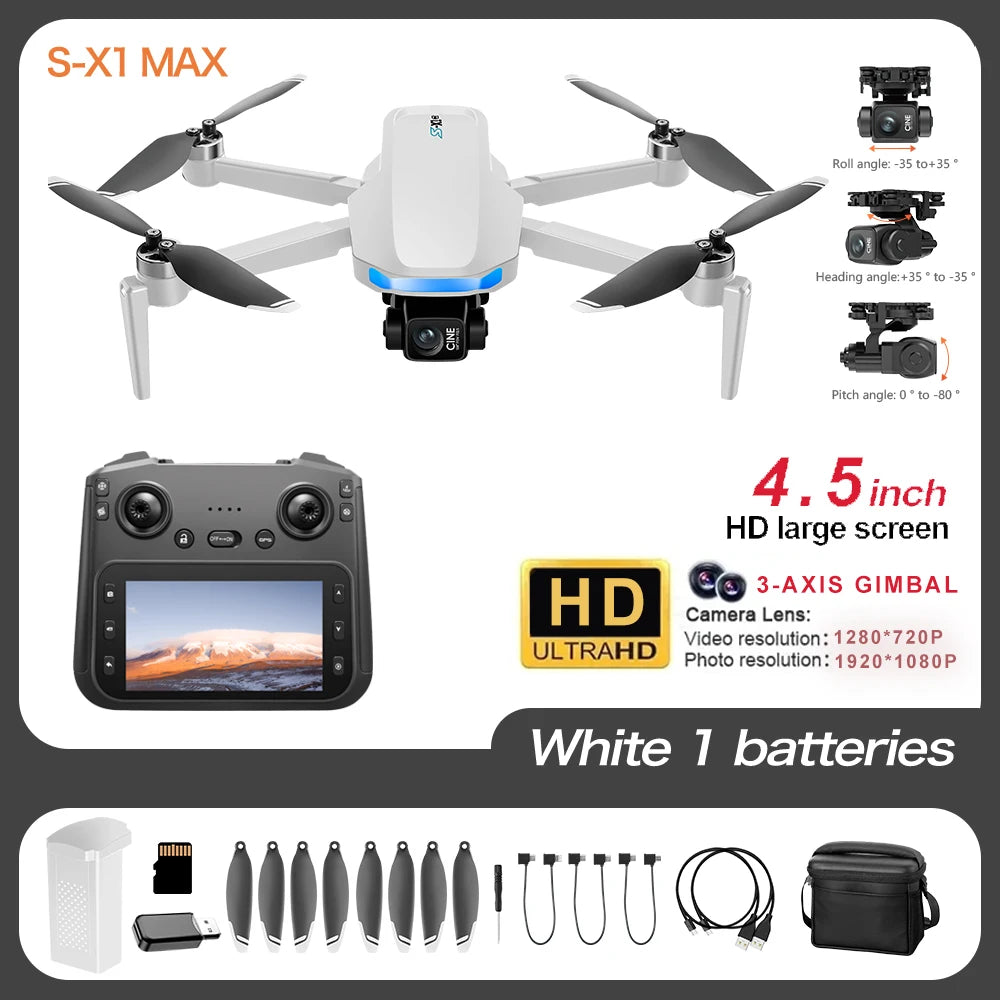 X-S1 MAX Drone 4K Camera, 3-Axis Gimbal, 5KM Range, 5G GPS Return, Brushless Motors, Dual Cameras, 4.5" Screen Remote