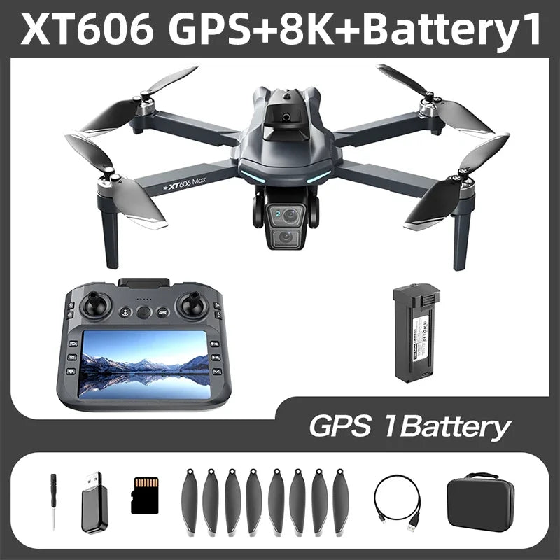 XT606 MAX GPS Drone 8K Dual Camera, 5.6” HD Screen Remote, 360° Obstacle Avoidance, Servo Gimbal EIS, Brushless Motors, 3KM Range, 25 Min Flight