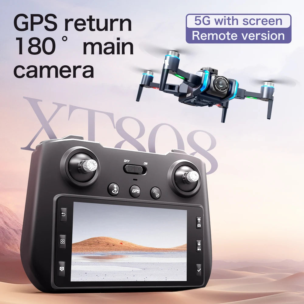 XT808 GPS Drone 8K Dual Camera, Brushless, Obstacle Avoidance, 5G FPV, EIS Stabilization, HD Screen Remote, Battery Indicator, Long Flight Time