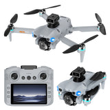 AE5 Pro foldable drone in grey shown unfolded and folded with 4K camera and screen remote controller