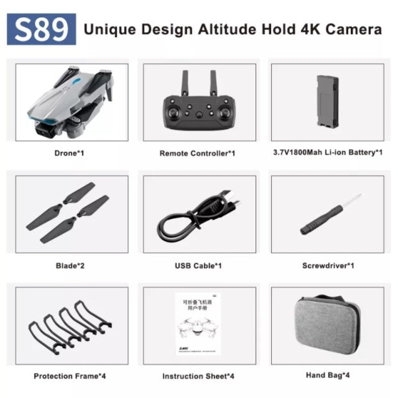 S89 PRO RC Mini Drone, 4K HD Dual Camera, Foldable Quadcopter, WiFi FPV, Altitude Hold, Headless Mode, One-Key Return, Trajectory Flight